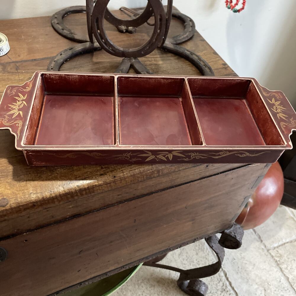 Vtg Baruni Japanese Lacquerware 3 Section Tray Painted Metal Burgundy Gold